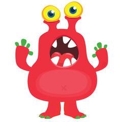 Cartoon cute monster with funny excited face expression waving hands. Vector illustration isolated on white. Halloween design