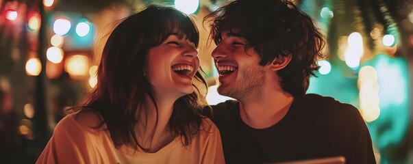Fototapeta premium Young caucasian couple laughing at night in vibrant city lights