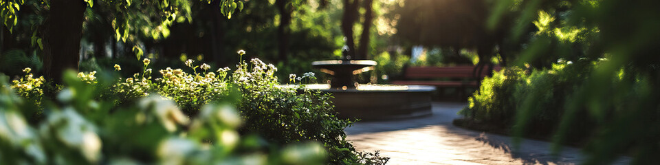 Fototapeta premium Park Fountain with Greenery and Bench