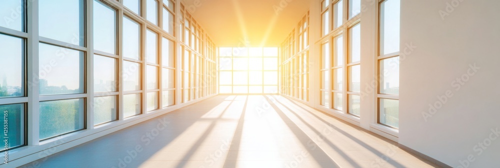 Poster contemporary glass architecture sunlit corridor with metallic textures and linear patterns - premium
