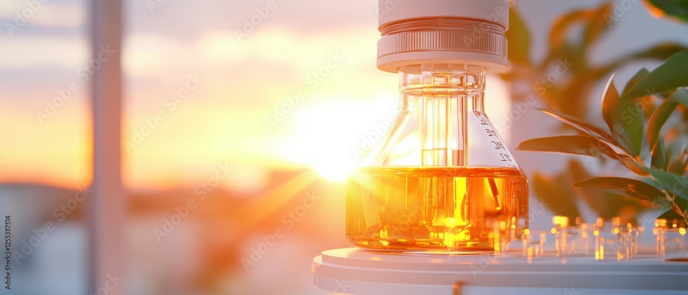 Aufkleber sunset lab scene glass flask with analysis liquid and metal stand - precision testing and research i