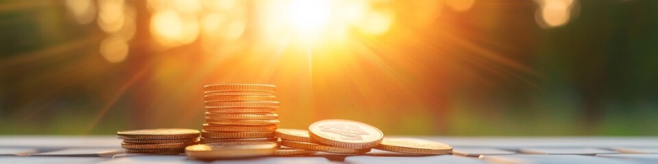 Obraz premium Sunlit Minimalist Financial Setup Stacked Coins with Calculator on Office Desk - Smart Investment Visuals for Modern Wealth Management and Retirement Planning