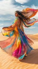 Fototapeta premium beautiful lady in a flowing dress walking on the desert