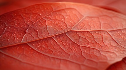 Fototapeta premium Red leaf, dew drops, close-up, blurred background, nature texture
