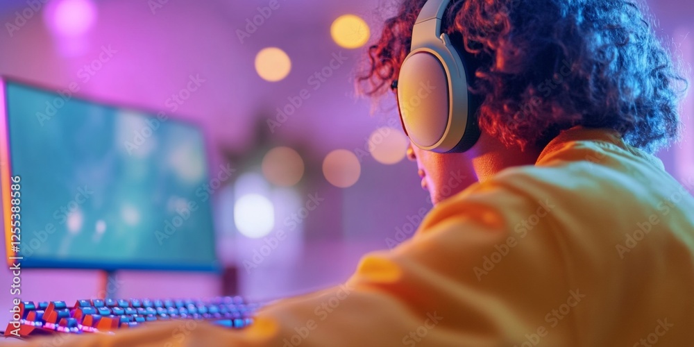 Poster Immersive Gaming Setup Neon-Lit Ergonomic Arrangement of Headphones and RGB Keyboard for Enhanced Entertainment Experiences in Modern Tech Enthusiast Spaces