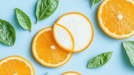 Bright Orange Slices and Green Leaves on Blue Background