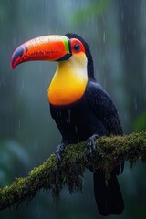 Obraz premium A Vibrant Toucan Perched On A Mossy Branch In The Rain
