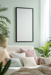 An empty vertical rectangle frame mockup, placed on the wall of a bedroom with pastel walls and white furniture