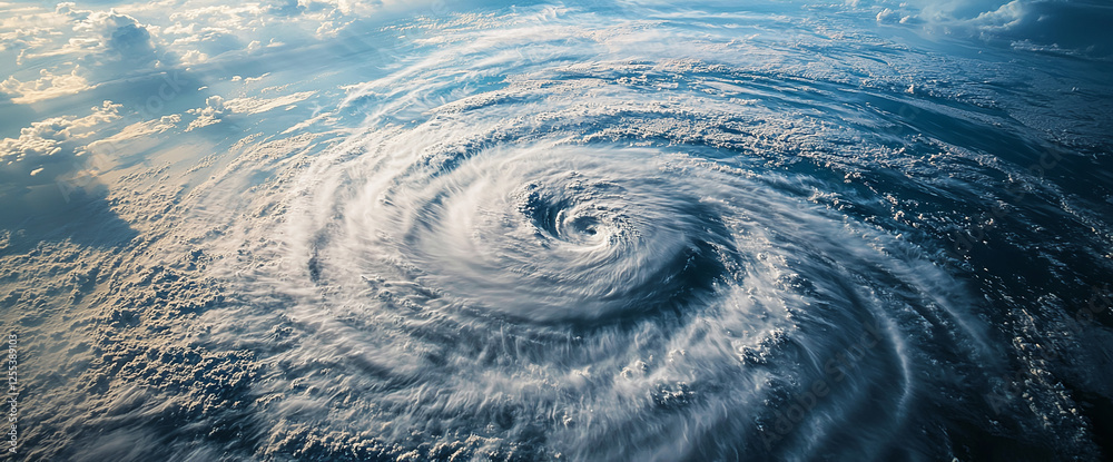 Poster Aerial view of a large spiral storm system, showcasing powerful weather patterns in the sky, symbolizing the force of nature and the intensity of natural phenomena.