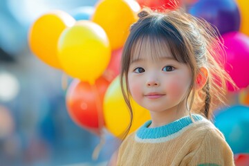 A little girl in a cozy sweater looks curiously at the camera, surrounded by floating balloons in soft light