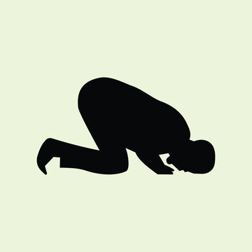 The silhouette of a person performing a prayer with a prostration pose which means surrendering to God. Design element illustration of a person who is praying with religious theme