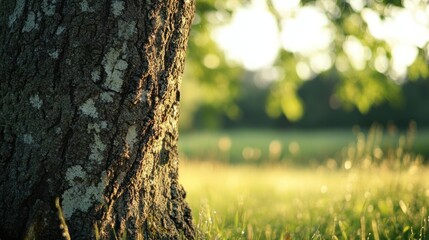 Sunlit Tree Trunk and Grassy Meadow - Nature's Serene Beauty