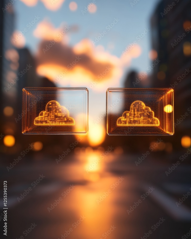 Poster futuristic urban digital interface glowing network symbols and cloud icons over sunset cityscape - i
