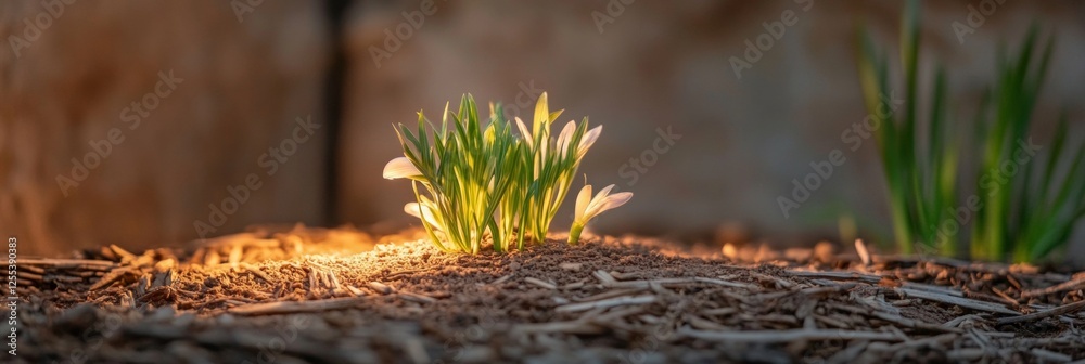 Poster illuminated growth eco-friendly lightbulb with plant in mulch - green tech display for sustainable a