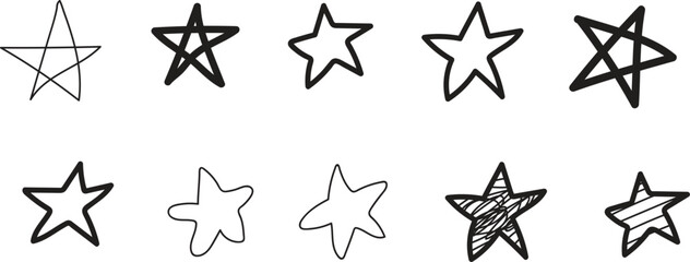 Set of black hand drawn vector stars in doodle style on white background. Handdrawn Silhouette Star icon. © konok3001
