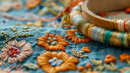 Fototapeta premium Intricate Embroidery Sampler Displayed on Fabric: A meticulously stitched embroidery sampler featured on fabric, demonstrating the detailed artistry of needlework.