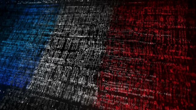 France USA flag waving secure code. French blowing banner cyber security attack and hack concept animation.