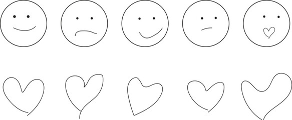 Smile Simple Isolated Line Icons Collection. Set of hand drawn emojis vector. collection of black line art emoticons and hearts.