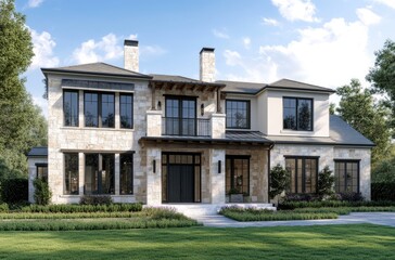 A white stone and tan wood modern farmhouse with dark windows, green grass in the front yard