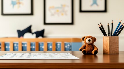 Brown Teddy Bear on Wooden Desk in Child's Room