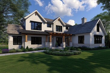 A white stone and tan wood modern farmhouse with dark windows, green grass in the front yard