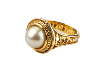 Classic pearl and gold antique ring with delicate craftsmanship isolated on transparent background