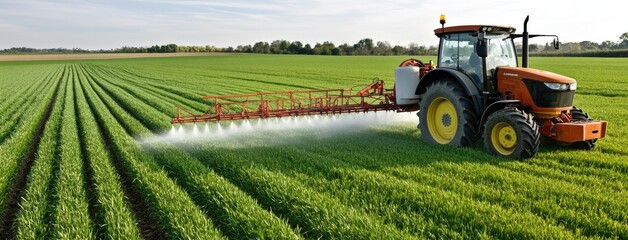 Tractors are actively spraying insecticide on lush green grass fields during the spring season at a commercial farm setting