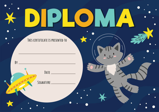 Kids diploma certificate with animals astronauts in open space with stars and planets. Template for achievement rewards. Vector cartoon illustration