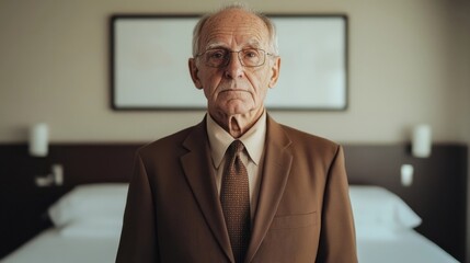 A vintage scene with a serious elderly man in a striped brown vintage suit stands in a classic bedroom evoking nostalgia.