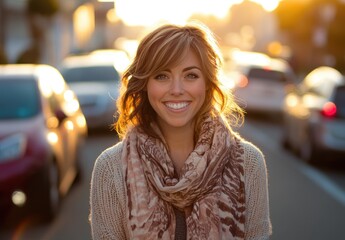 Obraz premium portrait of beautiful woman smiling and touching her hair wearing cardigan with pattern scarf walking on street in city