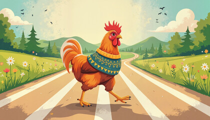 Humorous chicken wearing a sweater crossing a country road, quirky fun