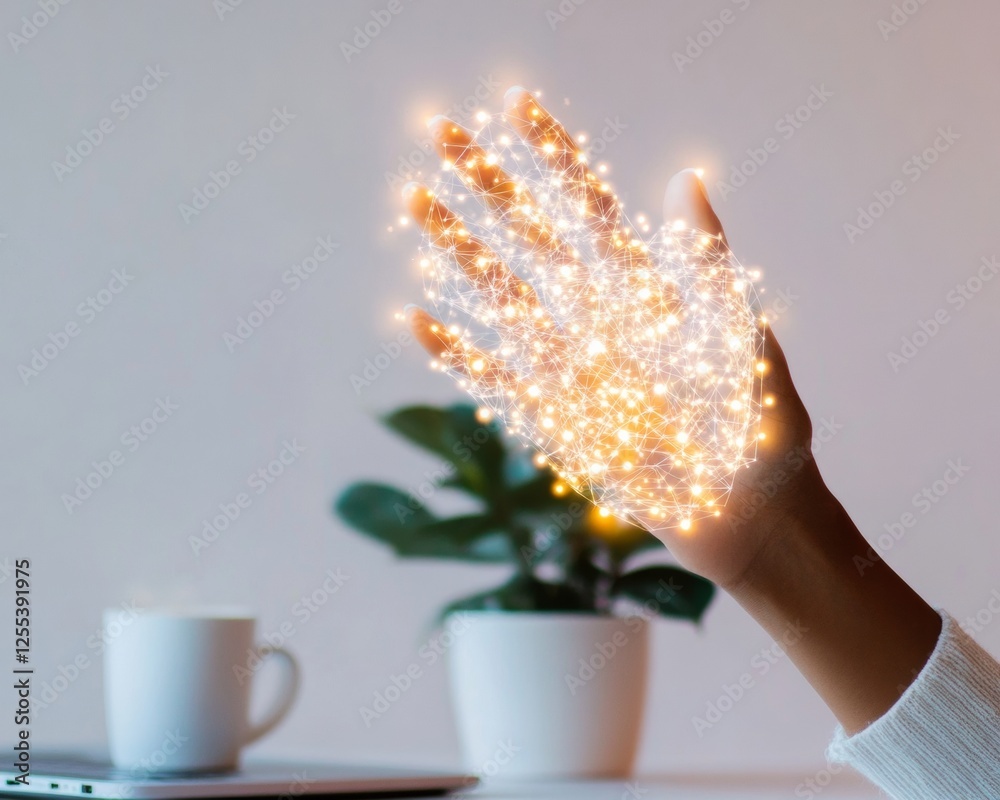 Aufkleber Futuristic Digital Workspace Holographic AI Tools on Tablet in Minimalist Setting - Enhancing Remote Work and Modern Productivity in Tech-Driven Business Environments