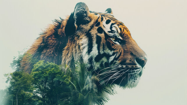 Double exposure image of a tiger and a jungle - Powered by Adobe