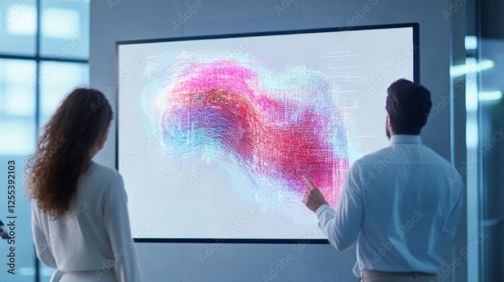Poster Minimalist Office Tech Business Team Analyzing AI-Driven Data Visualizations on Smart Screen - Streamlining Modern Workflow in Collaborative Workspace