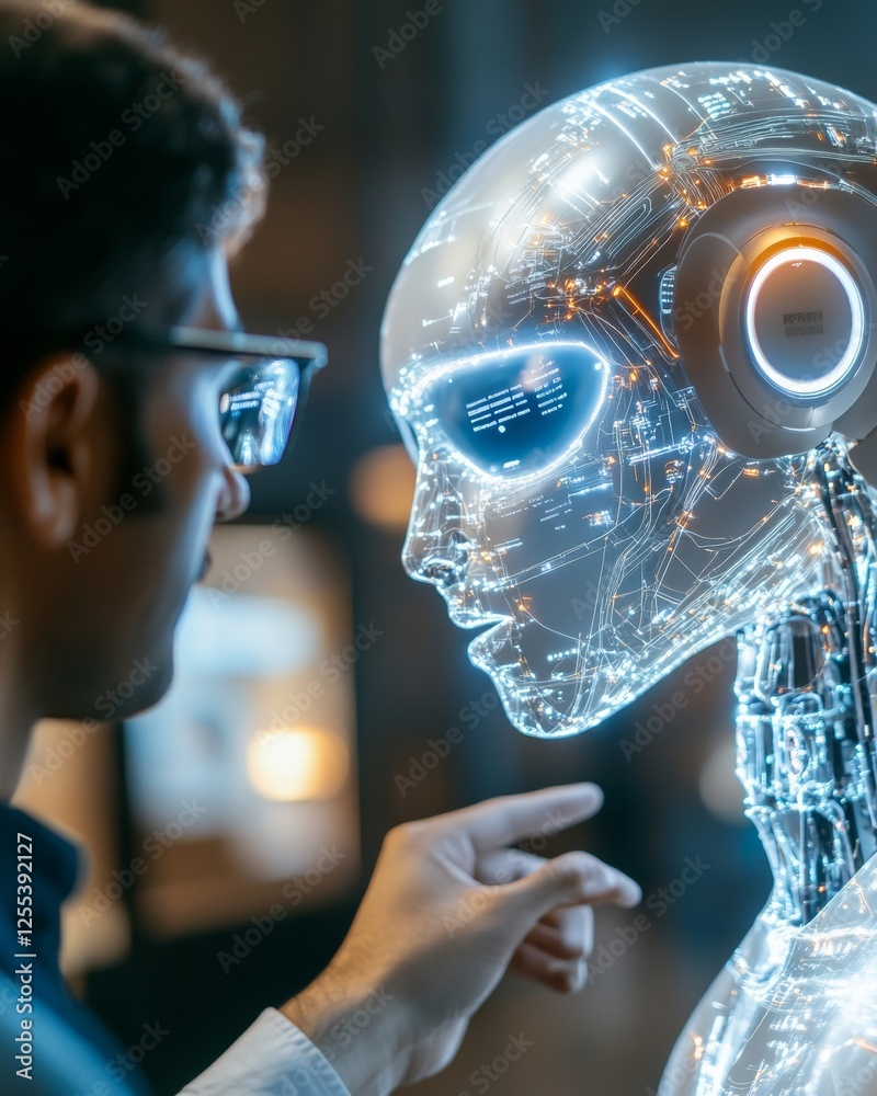 Aufkleber Futuristic AI Office Interaction Indian Professionals Engage with Robotic Arm in High-Tech Space - Innovation Content for Business and Scientific Research Applications