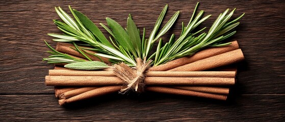 Bundle of Cinnamon Sticks with Rosemary and Sage on Rustic Wooden Background