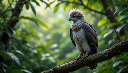 Philippine Eagle Sitting on Branch in Forest Setting Wildlife Photography