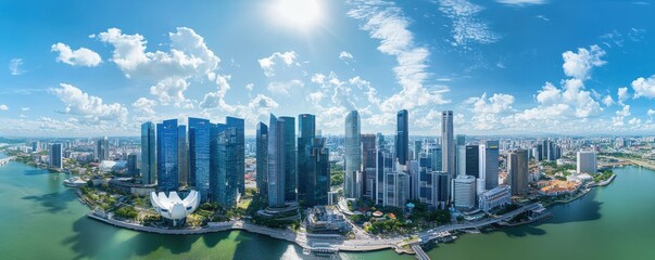 Obraz premium Panoramic skyline of modern singapore with skyscrapers under a bright blue sky