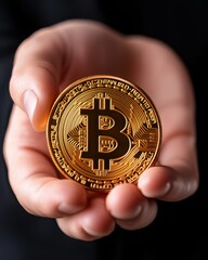 A hand holding a shiny Bitcoin cryptocurrency coin symbolizing investment and finance.
