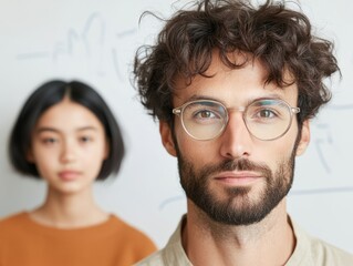 Contemporary Education Collaboration Male Teacher with Glasses and Female Student Solving Equations on Whiteboard in Modern Classroom - Interactive Learning and Academic Success