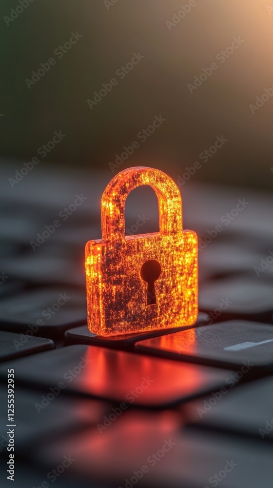 Poster Holographic Security Aesthetic Luminous Lock on Textured Keyboard for Cybersecurity Content and Innovative Business Protection Solutions