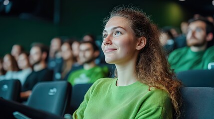 A young woman watching a TED Talk on innovation, inspired by the speaker words