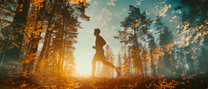Double exposure of a runner man in a forest