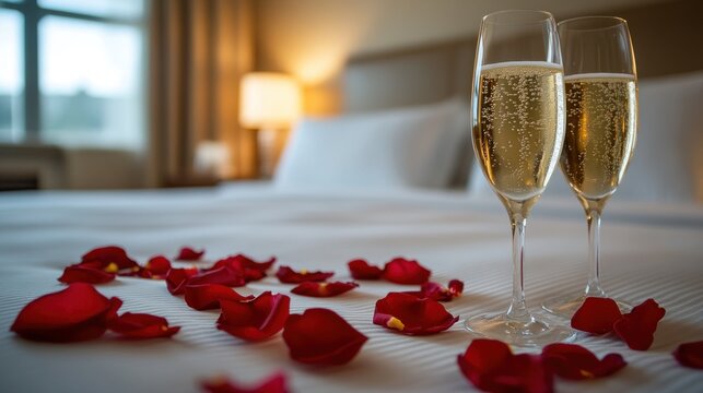 Romantic hotel room champagne petals