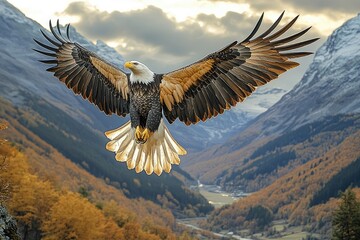 Majestic Bald Eagle Soaring Over Autumnal Mountain Valley