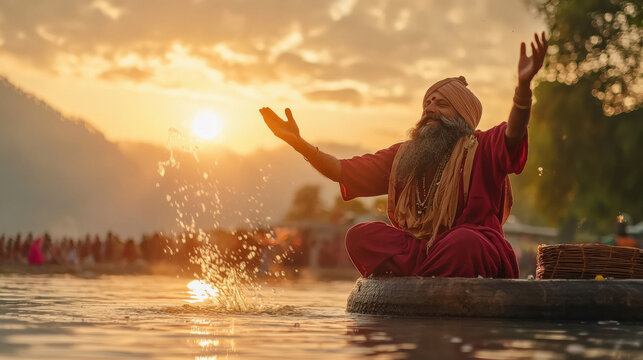 indian sadhu sitting in maha kumbh mela