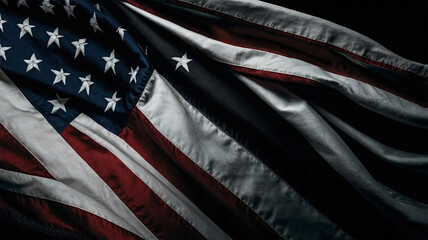 Black and White American Flag Waving on Black Background - USA Flag Isolated