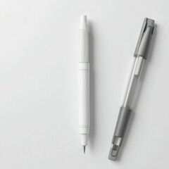 Fototapeta premium Minimalist stationery, sleek white and gray pens, clean design, high contrast, product photography, soft shadows, neutral background, precision tools, writing instruments, monochromatic palette,