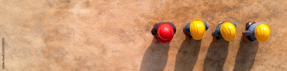 Poster aerial view of construction team hard hats on earthy textured site - collaborative safety strategy i