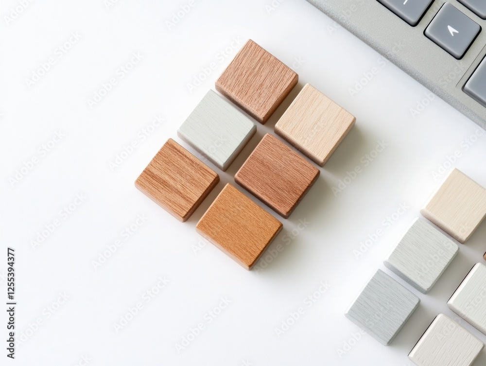 Aufkleber minimalist tax visualization wooden blocks and calculator on white - modern business content and pro